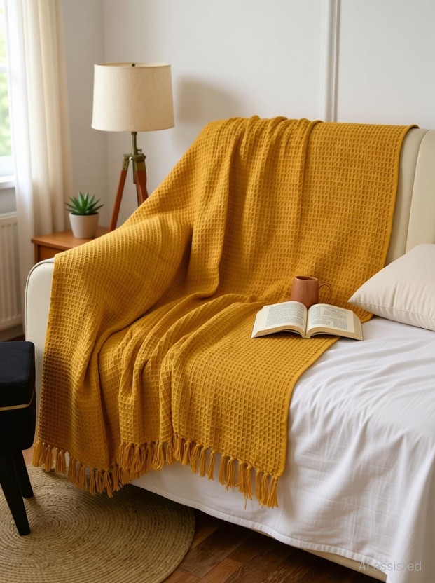 MbsHandloom Checkered Single Throw for  AC Room(Cotton, Yellow)