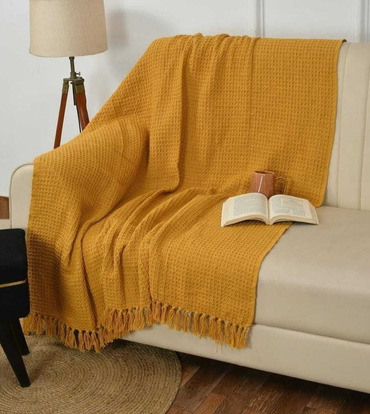 MbsHandloom Checkered Single Throw for  AC Room(Cotton, Yellow)