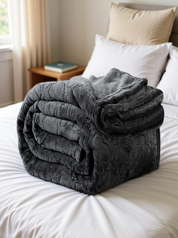 LA VERNE Self Design Double Mink Blanket for  Heavy Winter(Woollen Blend, Grey)