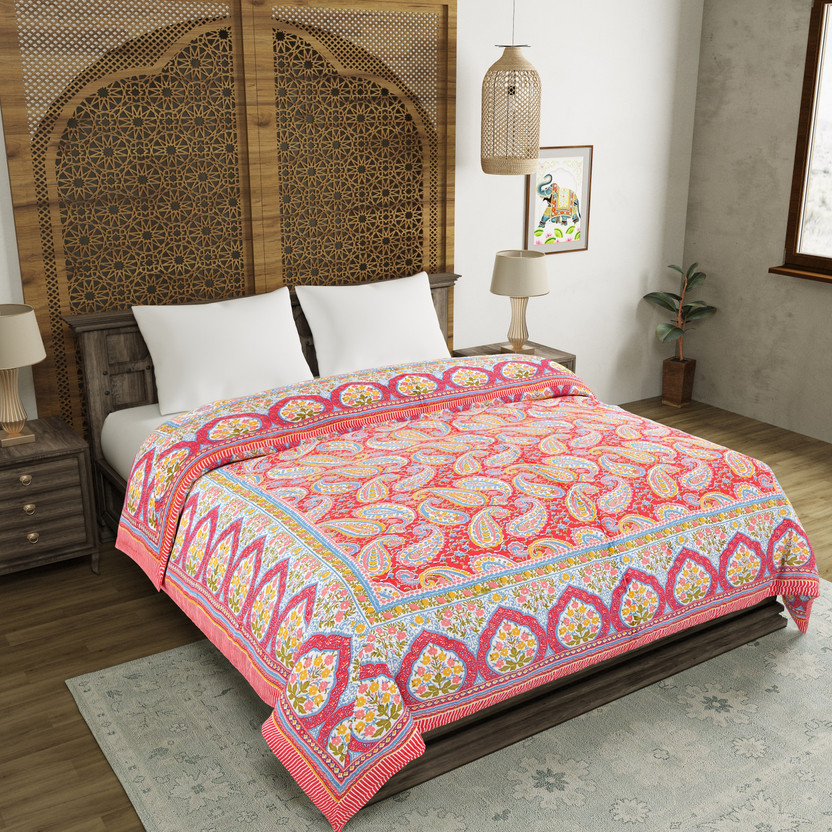 Blocks Of India Floral King Quilt for  Heavy Winter(Cotton, Red)