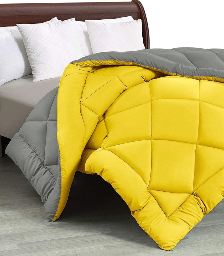 YUKU Self Design Single Comforter for  Heavy Winter(Microfiber, Yellow, Grey)