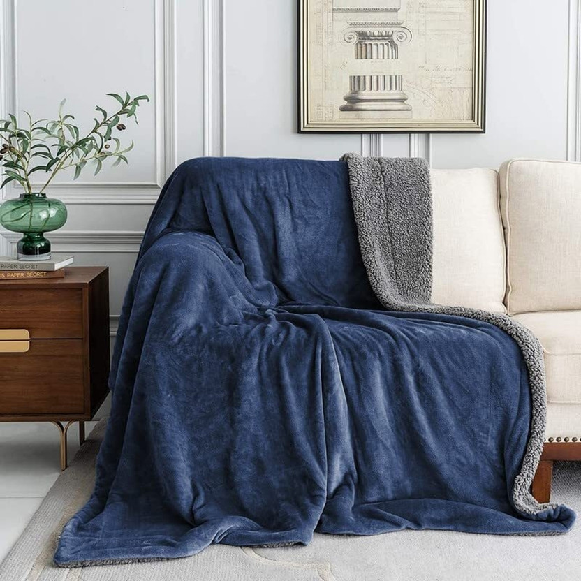 LA VERNE Solid Single Sherpa Blanket for  Heavy Winter(Woollen Blend, Blue)