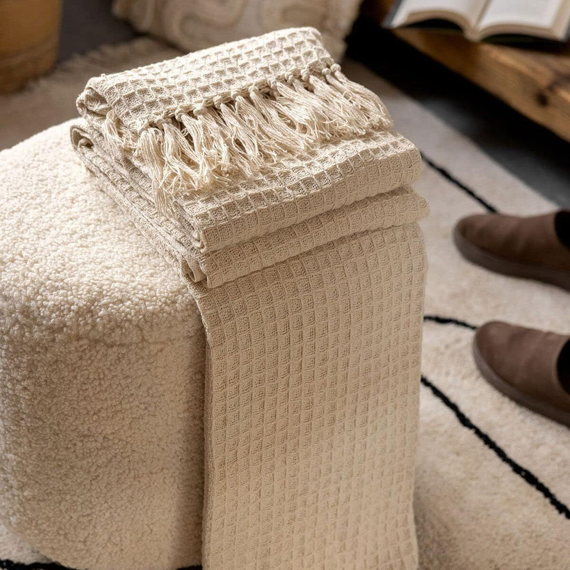 Weave Luxe Home Self Design Double Throw for  Mild Winter(Cotton, Natural)