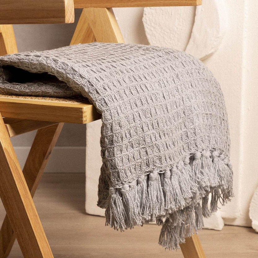 MbsHandloom Checkered King Throw for  AC Room(Cotton, Grey)