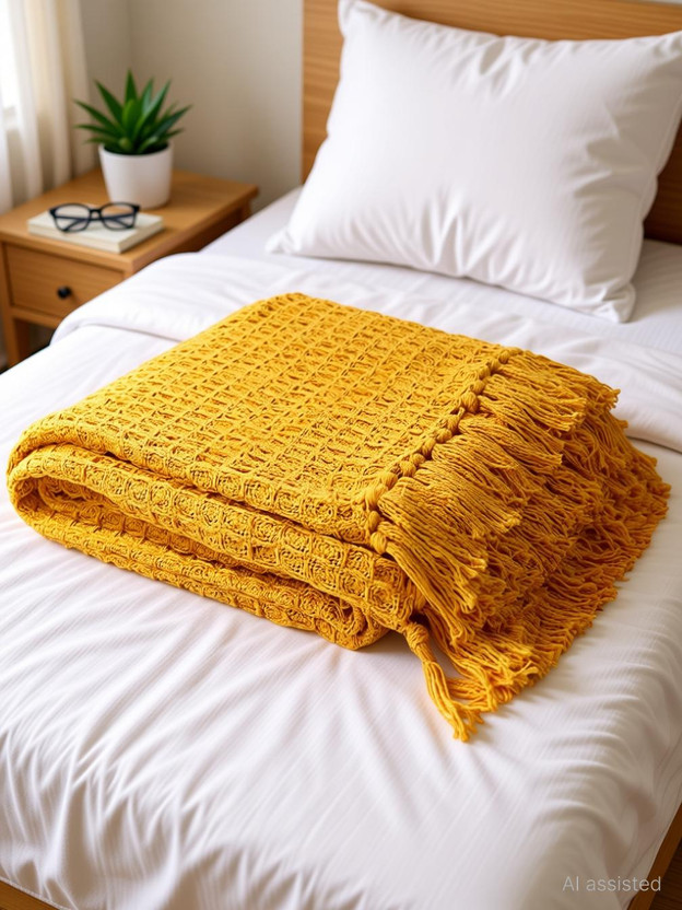 MbsHandloom Checkered King Throw for  AC Room(Cotton, Yellow)