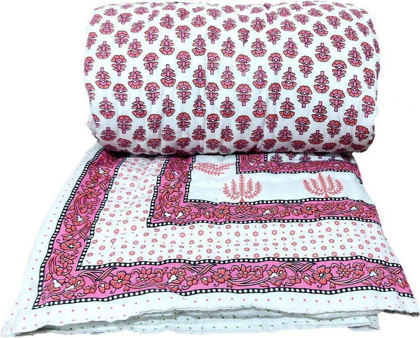 Qker Printed Double Quilt for  Heavy Winter(Cotton, PINK & GREEN)