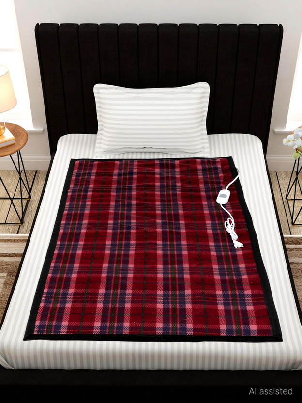 Comfort Ideas Checkered Single Electric Blanket for  Heavy Winter(Woollen Blend, Red)