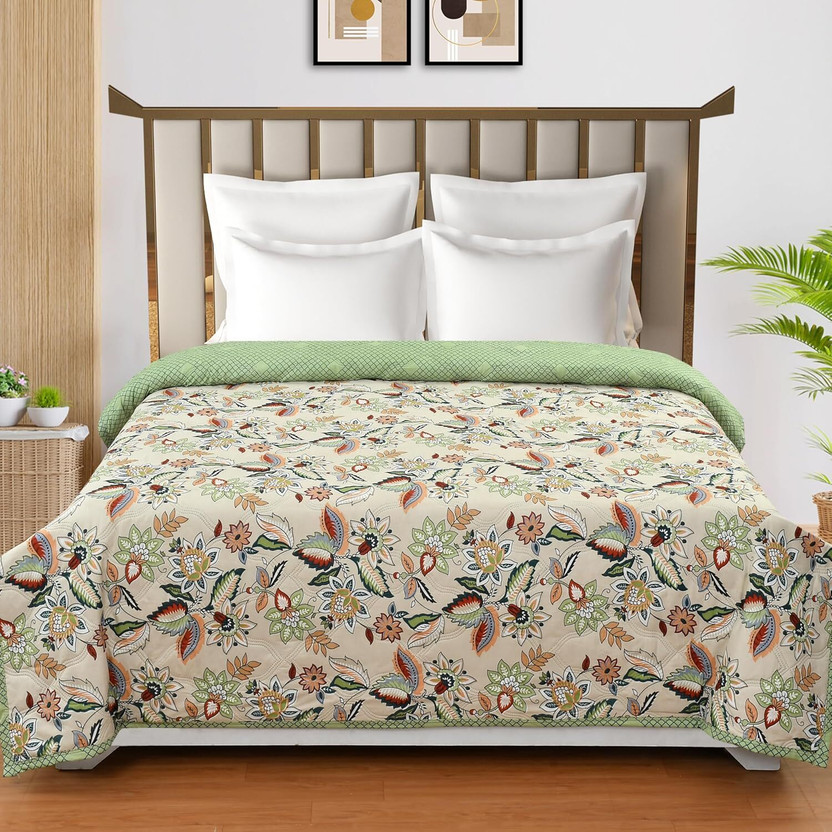 villablanca Floral Double Dohar for  AC Room(Cotton, Green)
