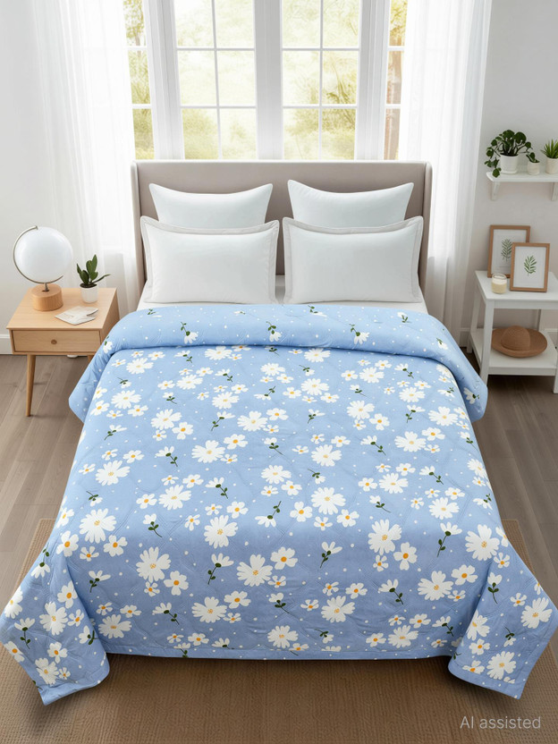 Home Stylish Floral Double Comforter for  AC Room(Microfiber, Soft SKY Blue)
