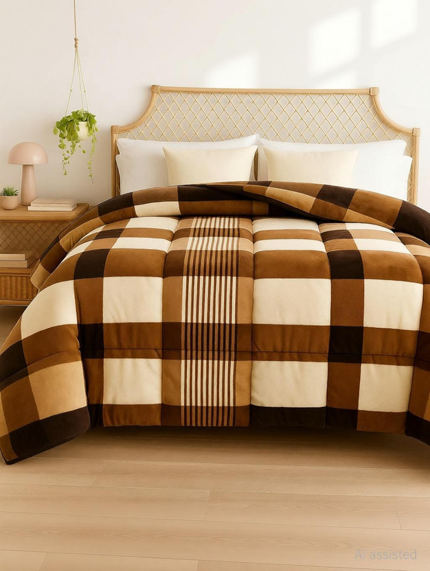 VAS COLLECTIONS Checkered King Quilt for  Heavy Winter(Microfiber, Brown)