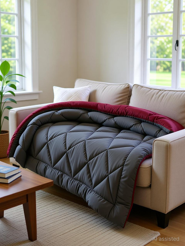 Relaxfeel Solid Single Quilt for  Heavy Winter(Polyester, Maroon & Grey)
