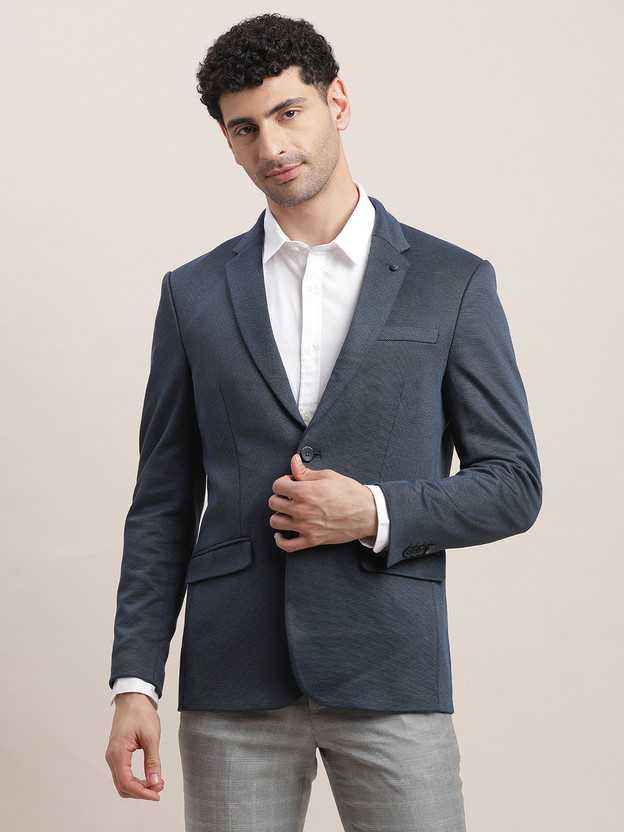 TURTLE Self Design Single Breasted Casual Men Blazer(Dark Blue)