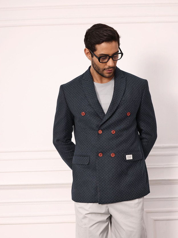 Mr Bowerbird Self Design Double Breasted Formal Men Blazer(Blue)