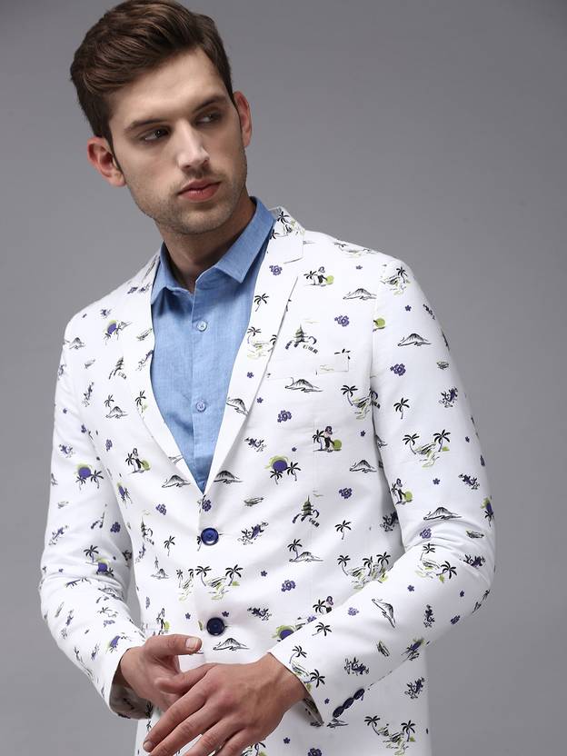 Men's Cream Printed Single-Breasted Blazer