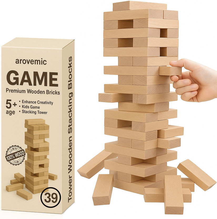 arovemic Fun 39 Pcs Jenga Wooden Block Stacking Game - Family Fun & Skill-Building-S04(Brown)