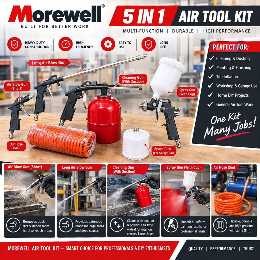 MOREWELL Multi-Purpose Air Compressor Tool Kit (5-Piece Pneumatic Spray & Cleaning Set) Airfoil Hi-Powered Blower(Corded Vacuum)
