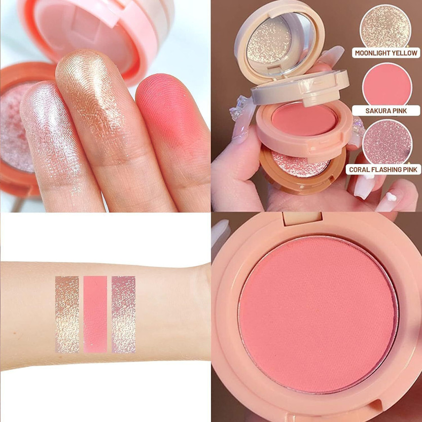 blussfrom 3 in 1 Cutest Blush & Highlighter Kit Blush Eyeshadow(PINK)
