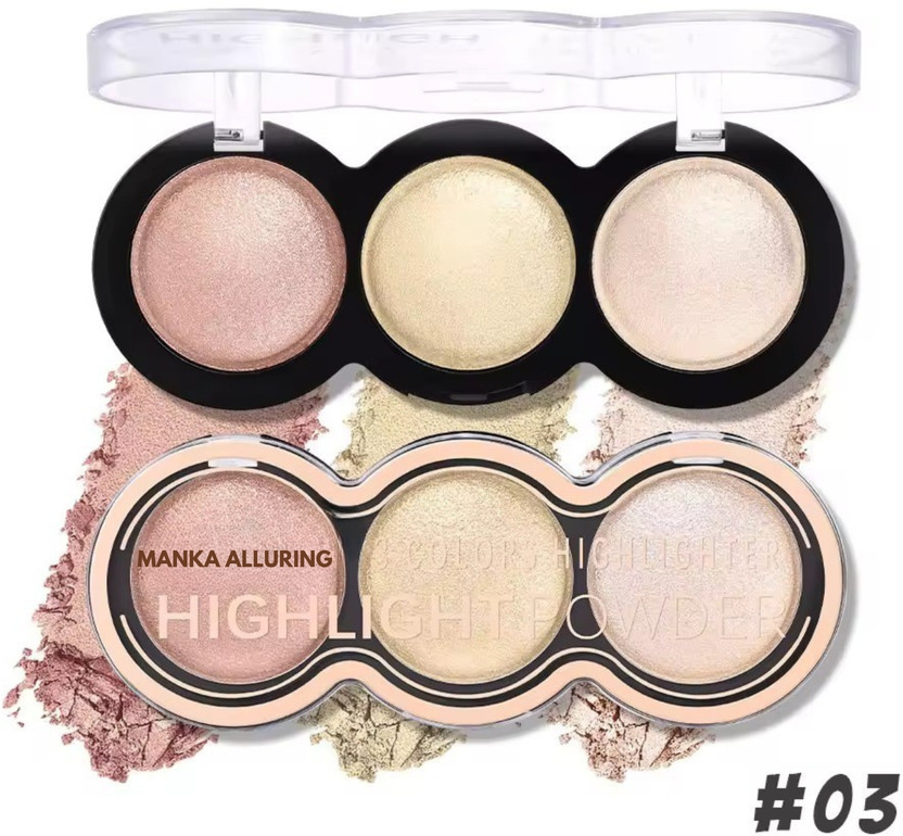 Manka Alluring 3 Shade Face Highlighter – Shimmer Glow Makeup Highlight Powder(SHADE-03, Multicolor)