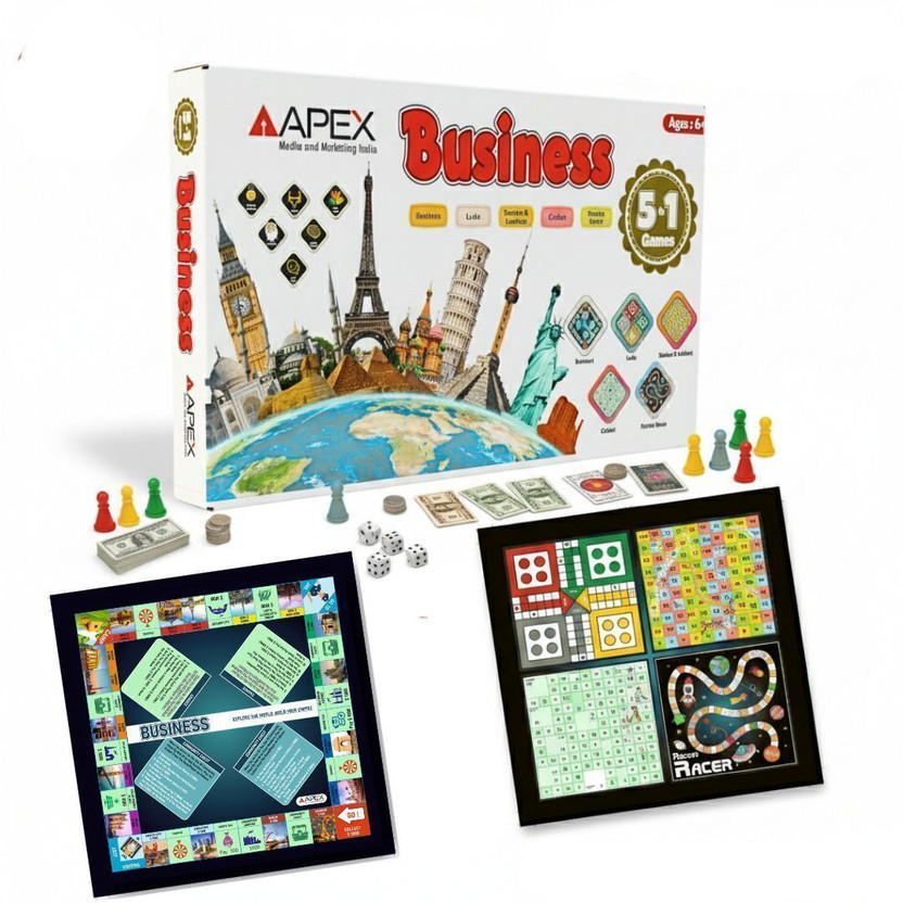 APEX MEDIA AND MARKETING INDIA 5 in 1 Business Board Game with Ludo,snakes&Ladder,cricket,Roket Racer Game Money & Assets Board Game