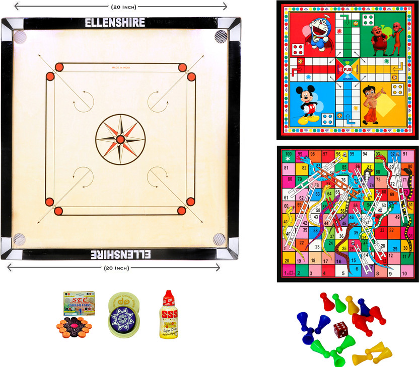 ELLENSHIRE 20X20 Inch Funky Small Carrom Board With Free Ludo & Snakes Carrom Board Game