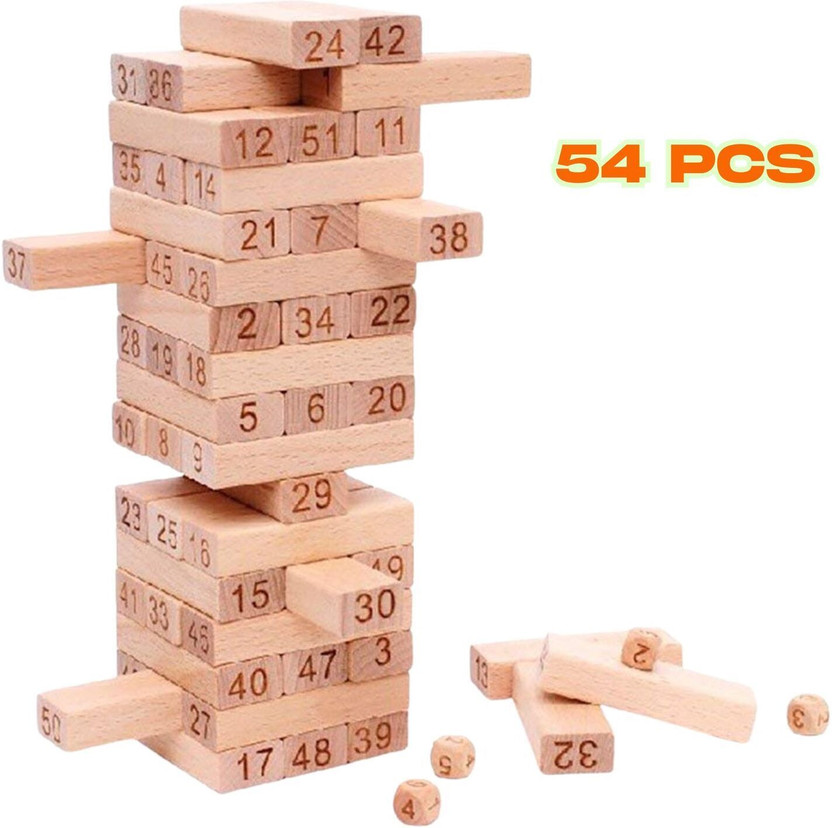 Roarify Wooden Jenga Tumbling Tower of 54 pcs–Puzzle Block for Kids-Adults & Family Party & Fun Board Game