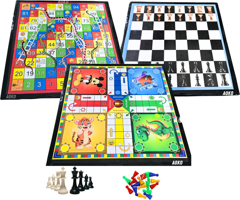 AOKO Multiple Games Set of 2 Ludo AND Chess + LUDO Snakes & Ladders Size 12x12 Inches Party & Fun Board Game