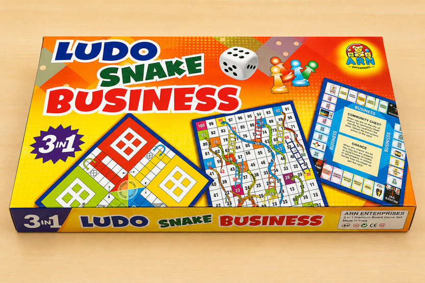 PrimeGames 3 in 1 Board Game Set | Ludo, Snakes & Ladders & Business India Game Educational Board Games