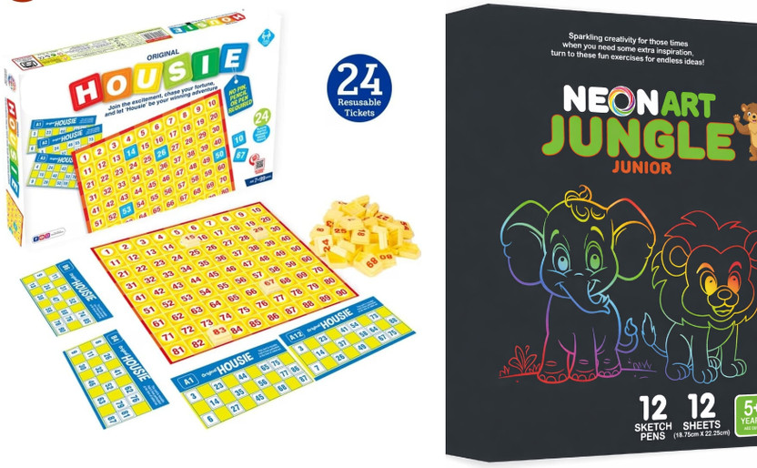 Online Aangan Housie Game with Tokens & Tickets + Neon Art Jungle Junior Scratch Art Kit Combo Board Game Accessories