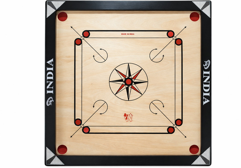 M.S INDIA carrom board with glossy finish, coins & striker — good everyday board. 60 cm Carrom Board(Black, Beige)