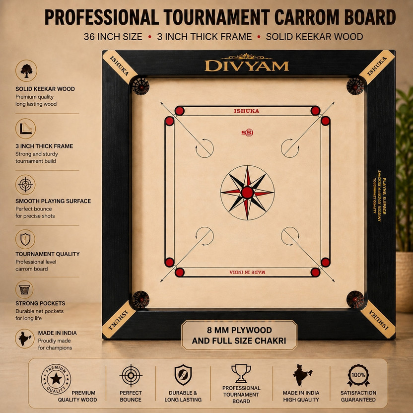 Divyam 36 inch with 3 inch frame, premium wood coins, disco powder and striker 91 cm Carrom Board(Black, Beige)