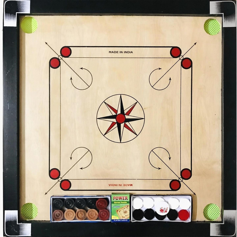 Sports Hustle for Kids 26 Inch Medium Size Glossy Finish, Coins, Strikers, Powder 57 cm Carrom Board(Beige, Black)