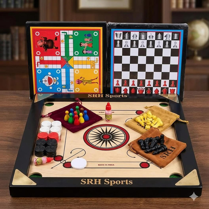Srh Sports 20X20 INCH SMALL SIZE CARROM WITH 20 PCS PLASTIC COIN WITH CHESS . 5 cm Carrom Board(Beige)
