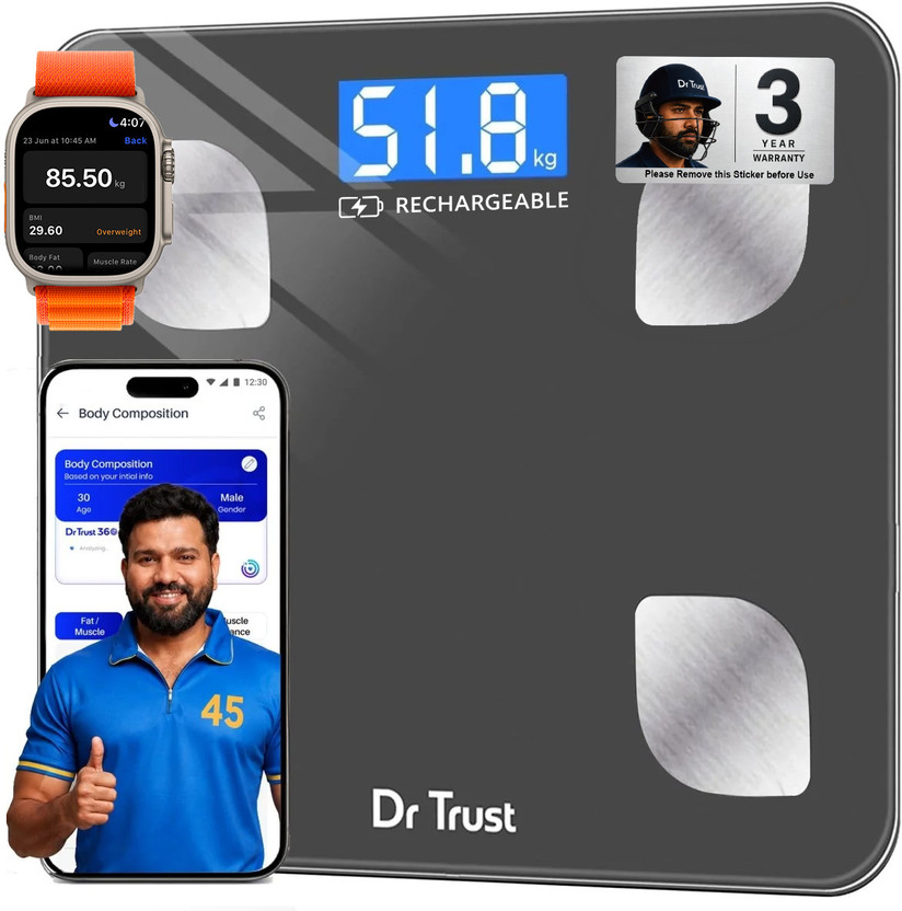 Dr Dr Trust (USA) Model-505 Bluetooth Digital Smart Fitness Body Fat Composition Analyzer BMI Weight Machine For Human USB Electronic Rechargeable Weighing Scale(Grey) - Flipkart Deal