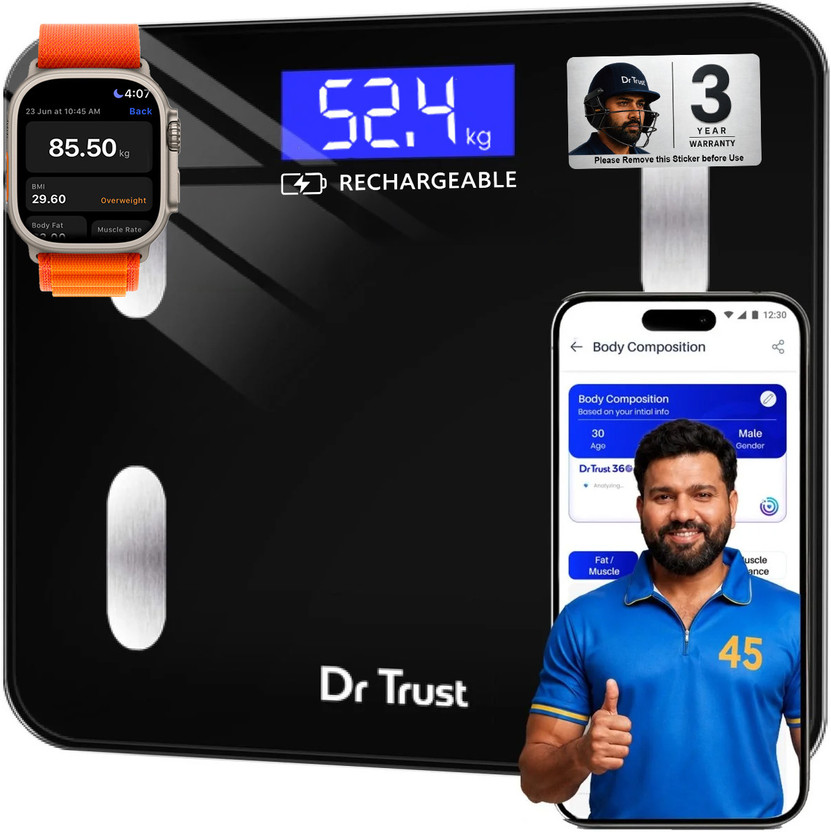 Dr Dr Trust (USA) Model-509 Bluetooth Digital Smart 2.0 Fitness Body Fat Composition Analyzer Weight Machine For Human USB Electronic Rechargeable Weighing Scale(Black) - Flipkart Deal