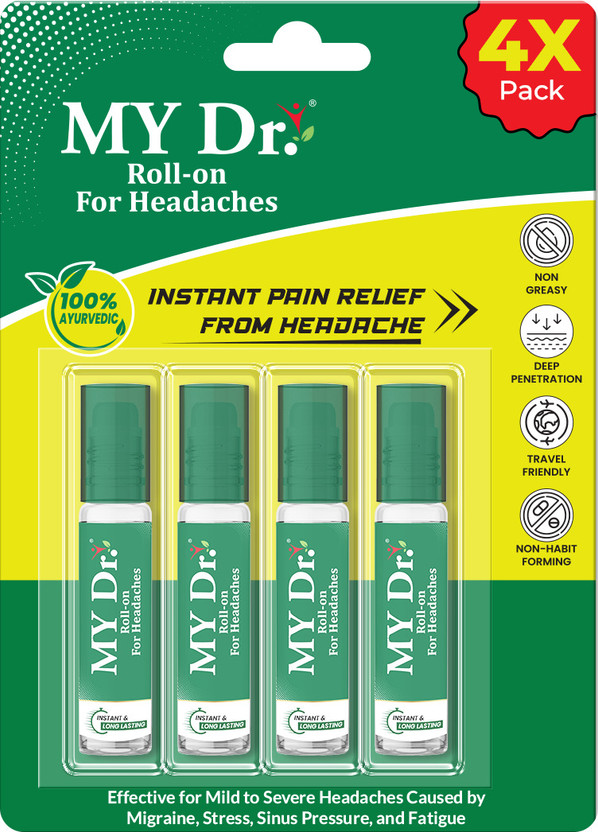 MY Dr. Headache Roll-On|Migraine,Stress,Sinus,Fatigue|No-Mess,No-Grease|Ayurvedic|4s PK Liquid(4 x 10 ml)