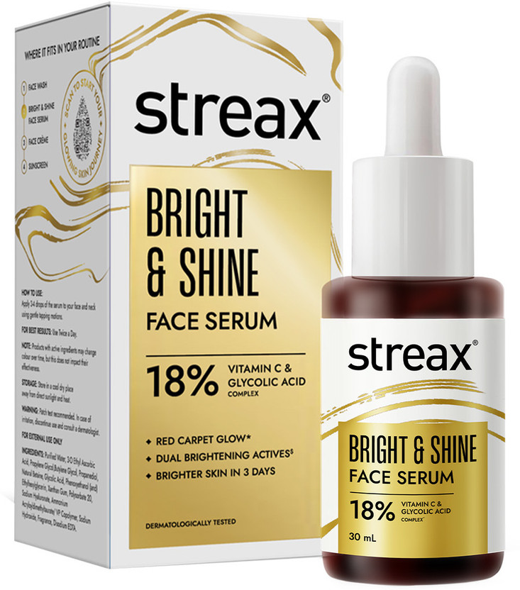 Streax Bright & Shine Face Serum with 10% Vitamin C, Reduces Dark Spots & Pigmentation(30 ml)