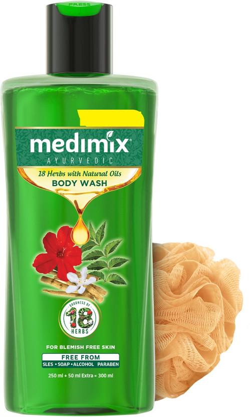 MEDIMIX Ayurvedic Body Wash 18 herbs with Natural Oils 250 ml + 50 ml + Loofah(300 ml)