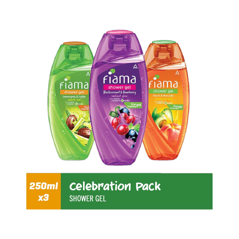 FIAMA Shower Gel Lemongrass & Jojoba, Blackcurrant & Bearberry , Peach & Avocado - Pack of 3(3 x 250 ml)