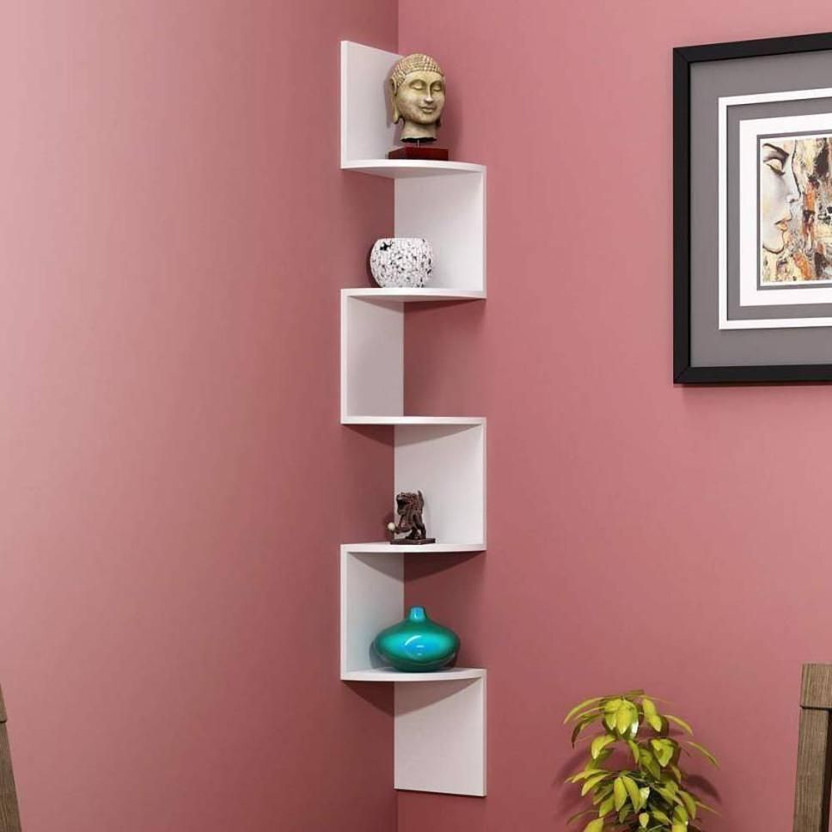 Extend Crafts Modern 5-Tier Zig-Zag Corner Shelf for Living Room, Bedroom & Office Engineered Wood Close Book Shelf(Finish Color - White, DIY(Do-It-Yourself))