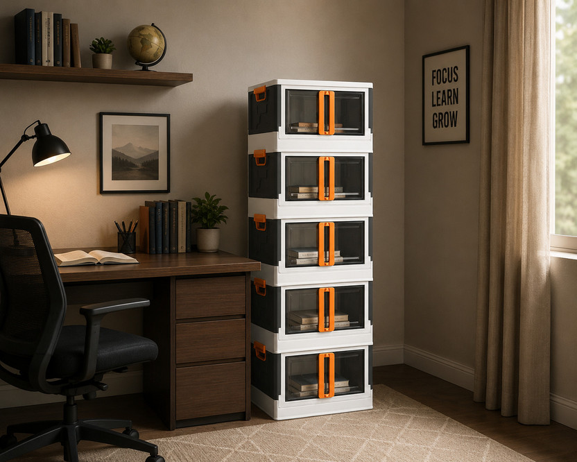 AK10ZONE 5 LAYER 2 Door Foldable Plastic Book Shelf Storage Cabinet Plastic Semi-Open Book Shelf(Finish Color - CLEAR, DIY(Do-It-Yourself))