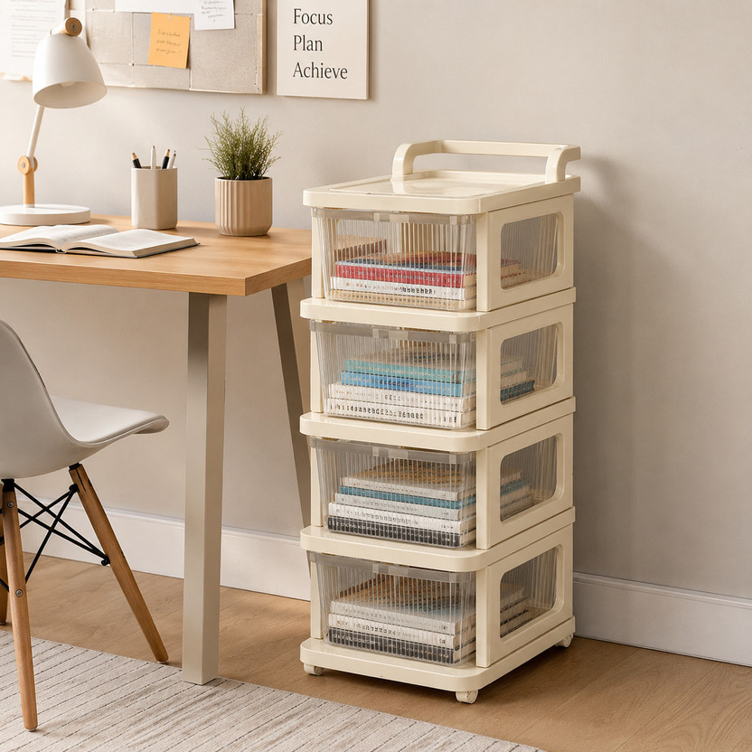 AK10ZONE AK10ZONE 4 LAYER Foldable Transparent Plastic Book Shelf Storage Cabinet Plastic Semi-Open Book Shelf(Finish Color - CLEAR, DIY(Do-It-Yourself)) - Flipkart Deal