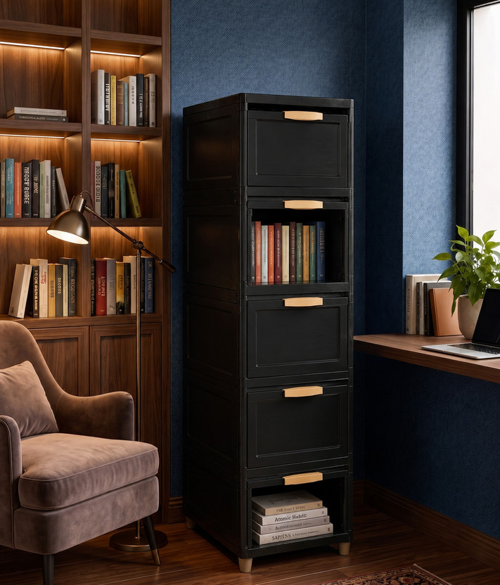 AK10ZONE 5 LAYER Foldable Plastic Book Shelf Storage Cabinet Plastic Semi-Open Book Shelf(Finish Color - BLACK, DIY(Do-It-Yourself))