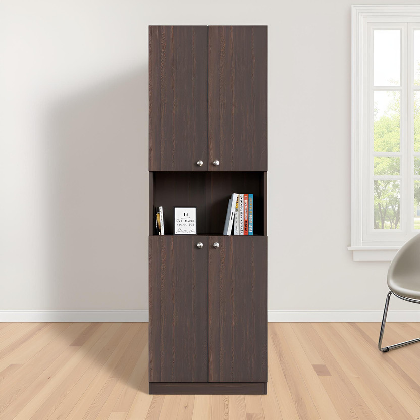 FURNEASER Vault Tall Bookshelf Display Cabinet Rack with Door, Engineered Wood Semi-Open Book Shelf(Finish Color - Wenge, DIY(Do-It-Yourself))