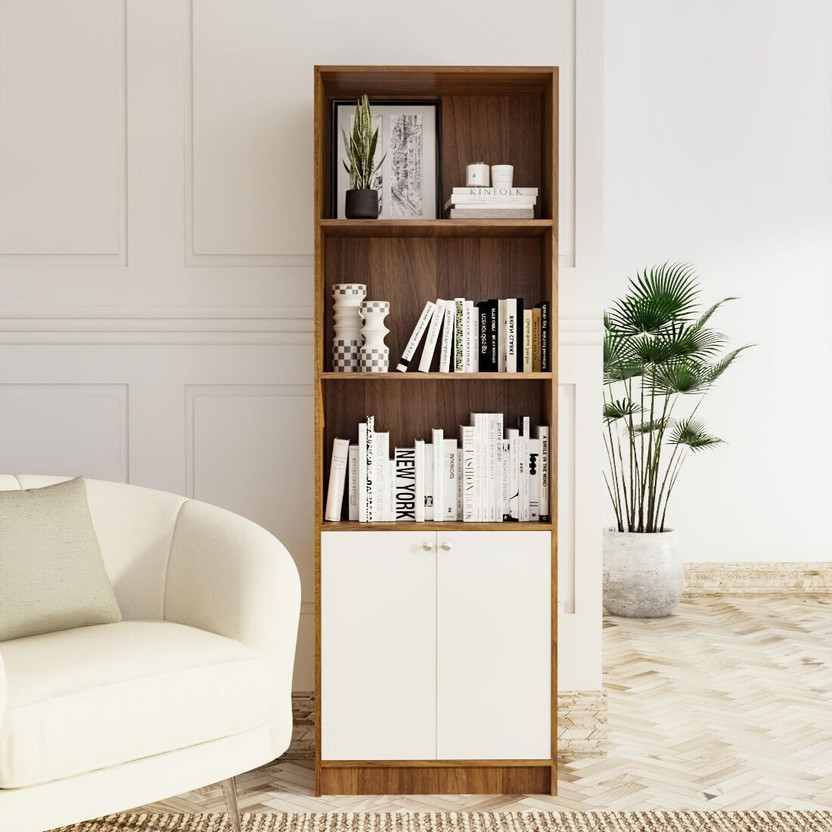 neuspace Victor 2 Door Bookshelf | Multi Purpose Storage Unit for Kitchen, Living Room| Engineered Wood Semi-Open Book Shelf(Finish Color - Leon Teak, Knock Down)