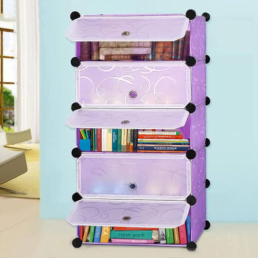 Lacossi Plastic Metal 12 Shelf Book Organizer Metal Open Book Shelf(Finish Color - 5- layer -Plan-White- Purple, DIY(Do-It-Yourself))