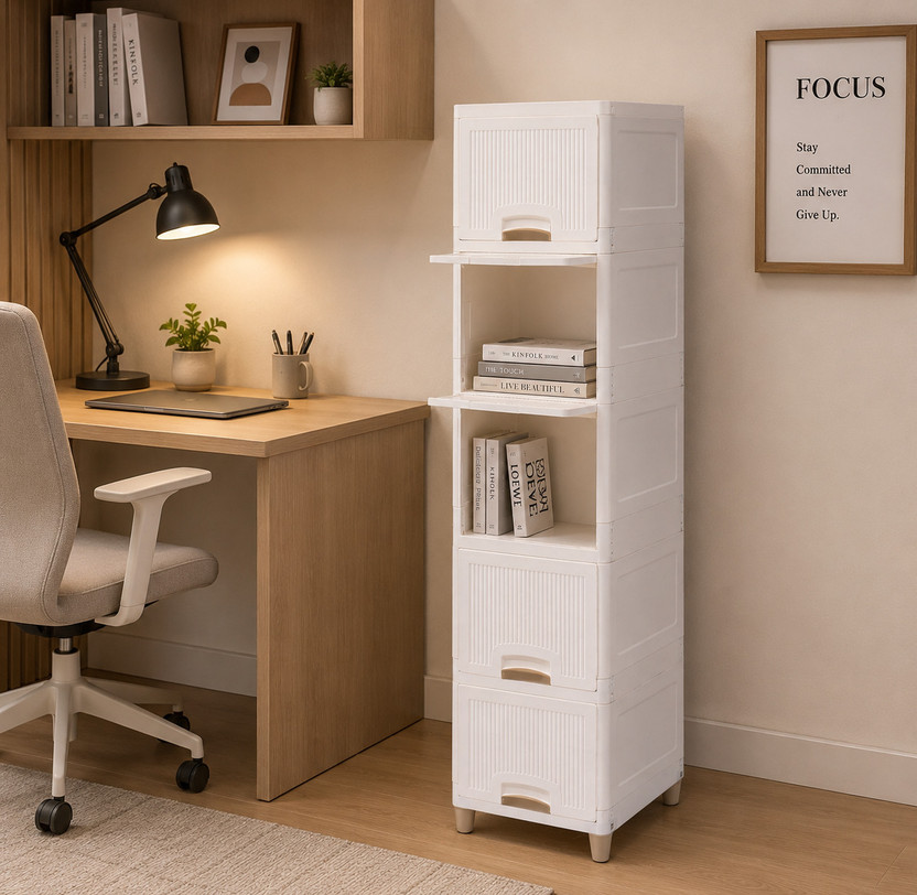 AK10ZONE 5 LAYER Foldable Plastic Book Shelf Storage Cabinet Plastic Semi-Open Book Shelf(Finish Color - MULTI-COLOUR/WHITE, DIY(Do-It-Yourself))