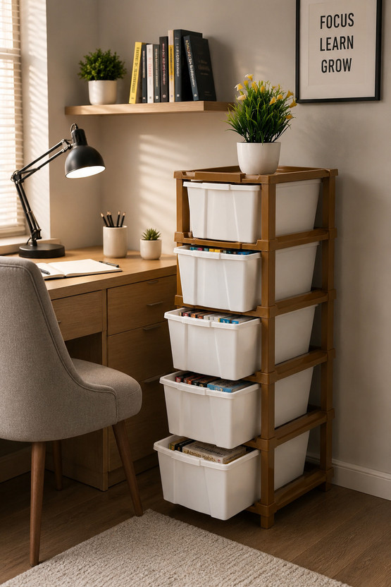 AK10ZONE 5 LAYER Foldable Plastic Book Shelf Storage Cabinet Plastic Semi-Open Book Shelf(Finish Color - WHITE/BROWN, DIY(Do-It-Yourself))