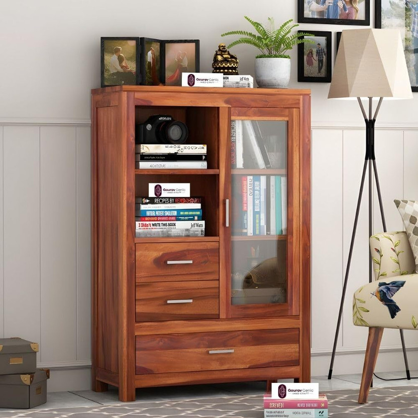 Gouravgenics Handicraft Sheesham Wood Storage Cabinet Solid Wood Semi-Open Book Shelf(Finish Color - Honey Brown, DIY(Do-It-Yourself))