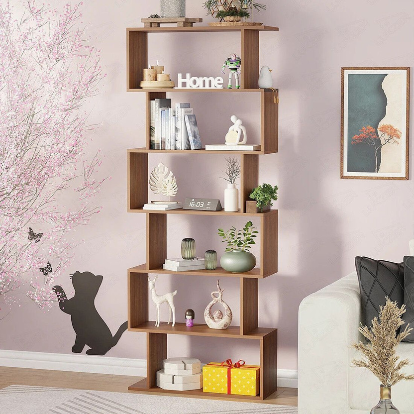 LUKZER 6-Layer S-Shaped Ladder Bookcase Rack (MR-002) Engineered Wood Open Book Shelf(Finish Color - Oak Brown, DIY(Do-It-Yourself))