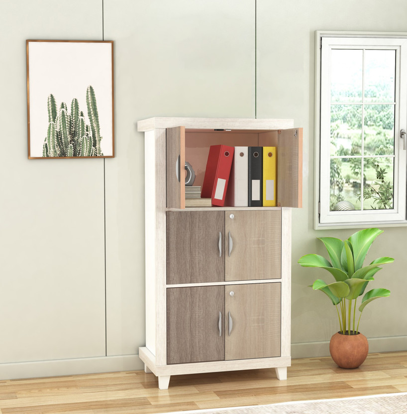 Furniva Nova Secure Lock+ Wooden Book Shelf | Bookcase with Doors | Three Shelf Engineered Wood Close Book Shelf(Finish Color - Sonoma Oak, DIY(Do-It-Yourself))